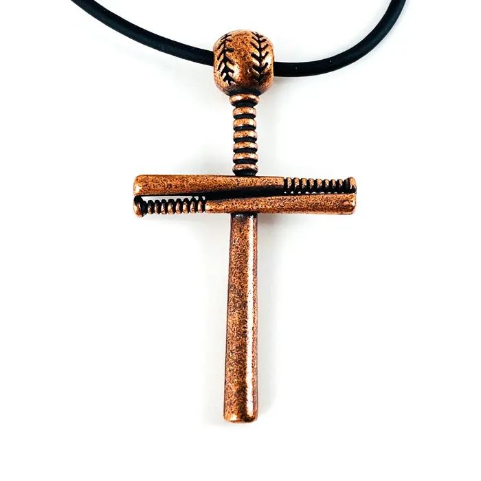 Baseball Bat And Ball Cross Necklace Pewter I Can Do All Things On Black Cord Copper Finish