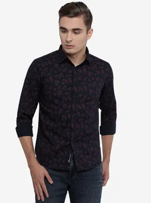 Black & Maroon Printed Slim Fit Semi Casual Shirt | Greenfibre