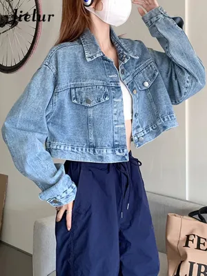 Blue Denim Women's Short Jacket Fall Korean New Fashion High Waist Short Coat Women Retro High Street Coats Female S-XL