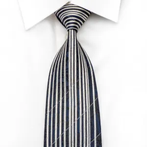 Indian Homme Men's Silk Tie Silver Vertical Striped & Black Paisley On Navy Sparkling With Rhinestones