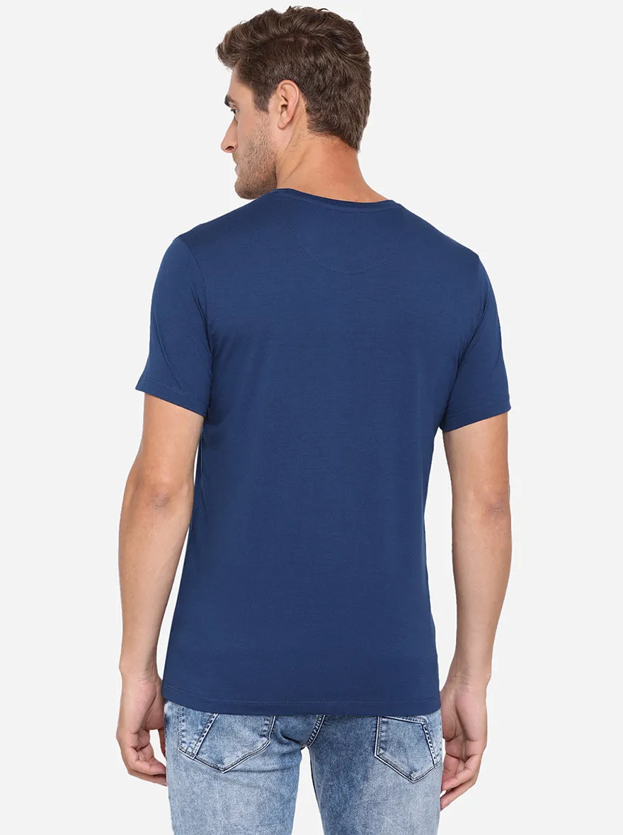 Indigo Blue Printed Slim Fit T-Shirt | JadeBlue