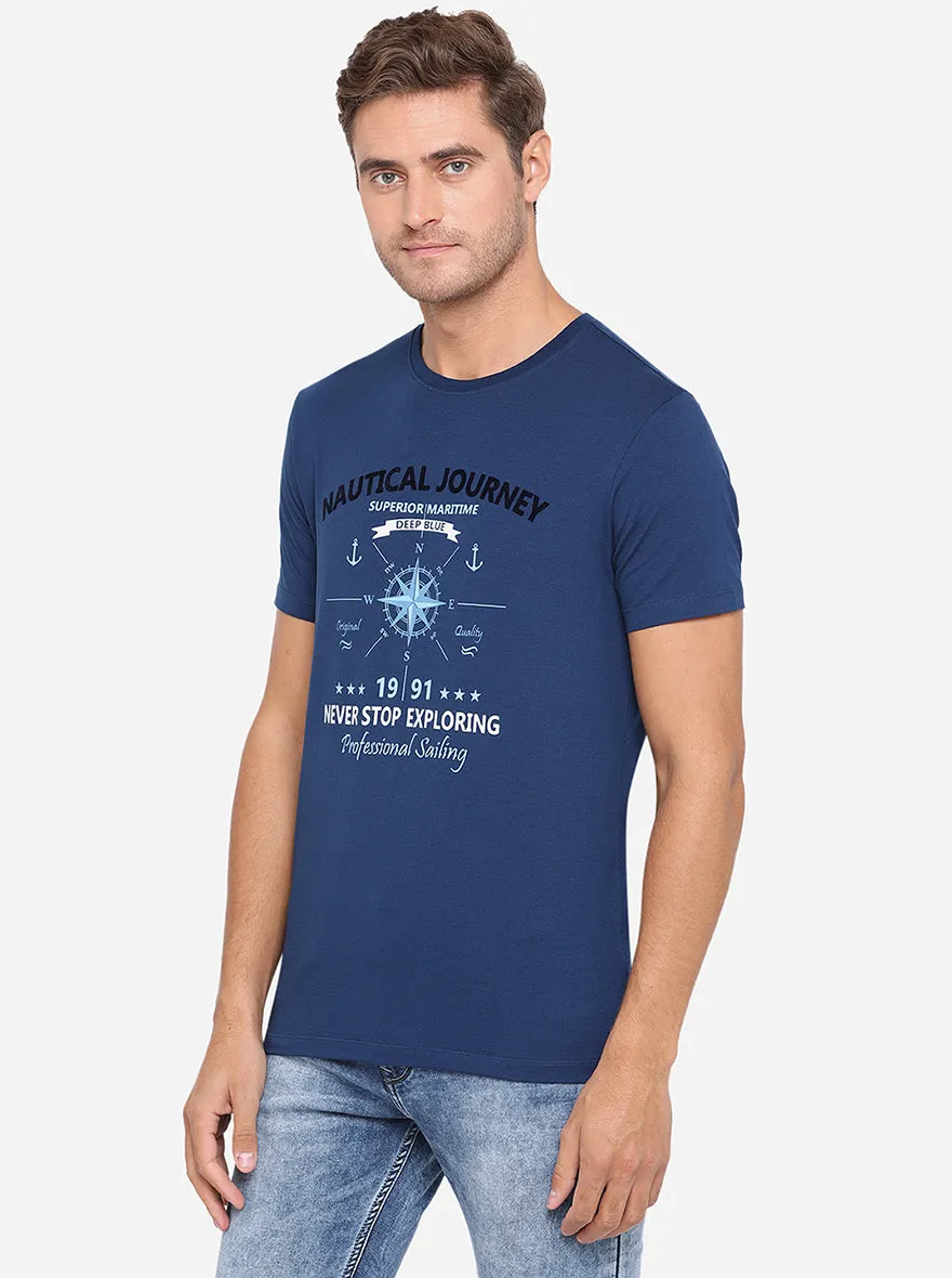 Indigo Blue Printed Slim Fit T-Shirt | JadeBlue