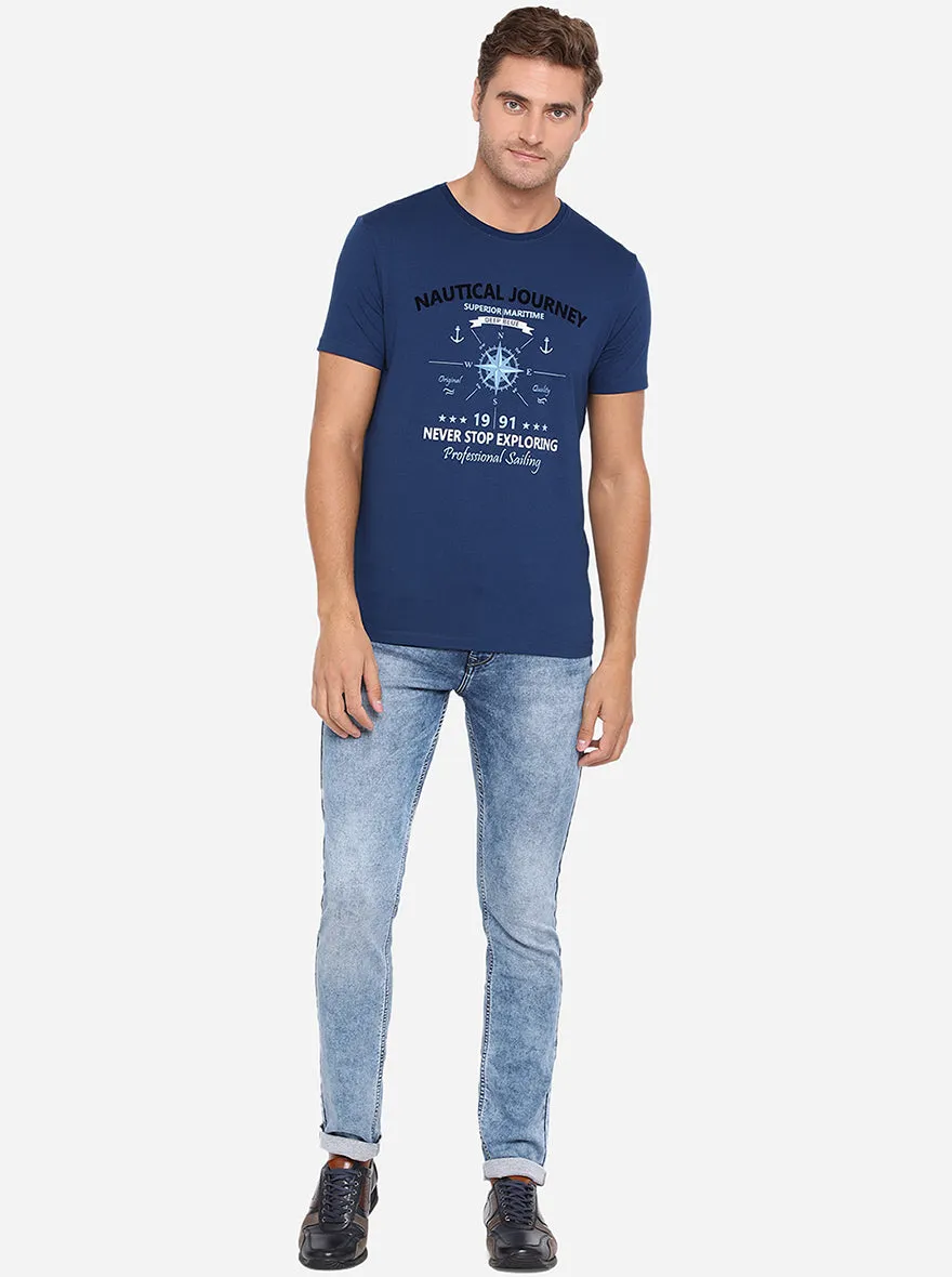 Indigo Blue Printed Slim Fit T-Shirt | JadeBlue