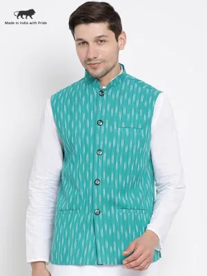 Jashvi Men's Aqua Blue Cotton Ethnic Jacket