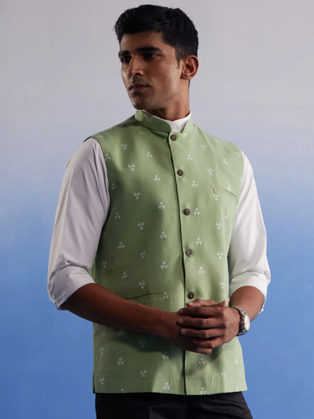 Jashvi Men's Green Jacquard Nehru Jacket