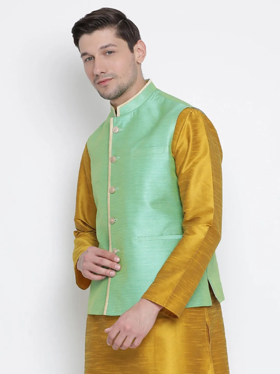 Jashvi Men's Light Green Cotton Silk Blend Nehru Jacket