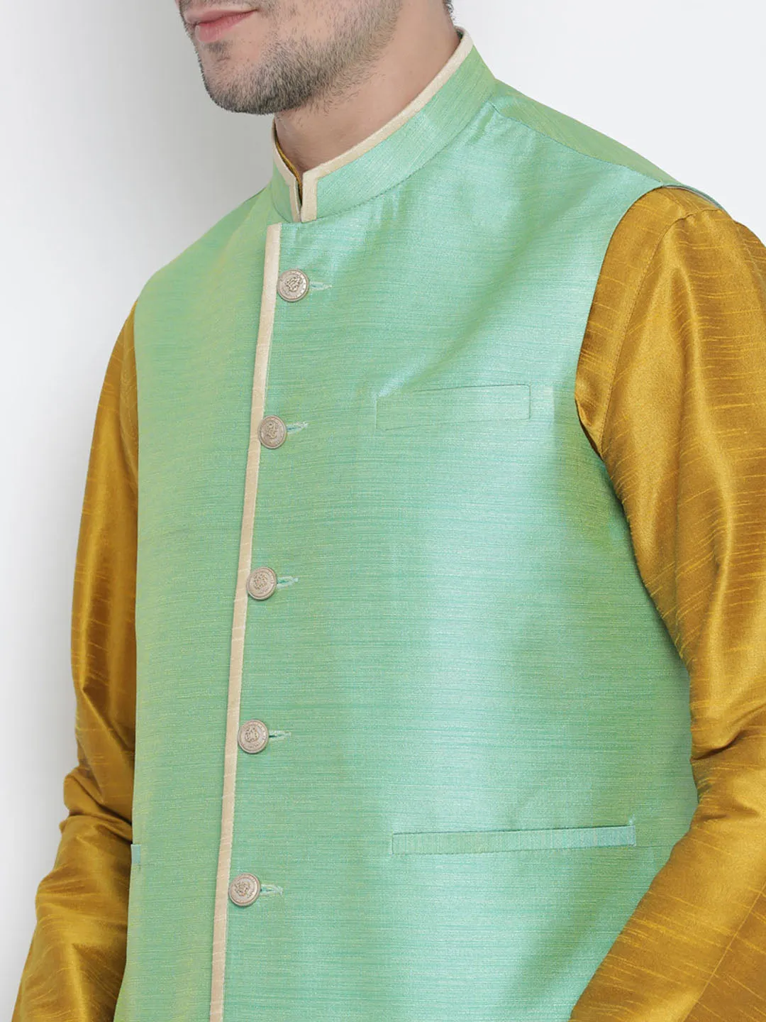 Jashvi Men's Light Green Cotton Silk Blend Nehru Jacket