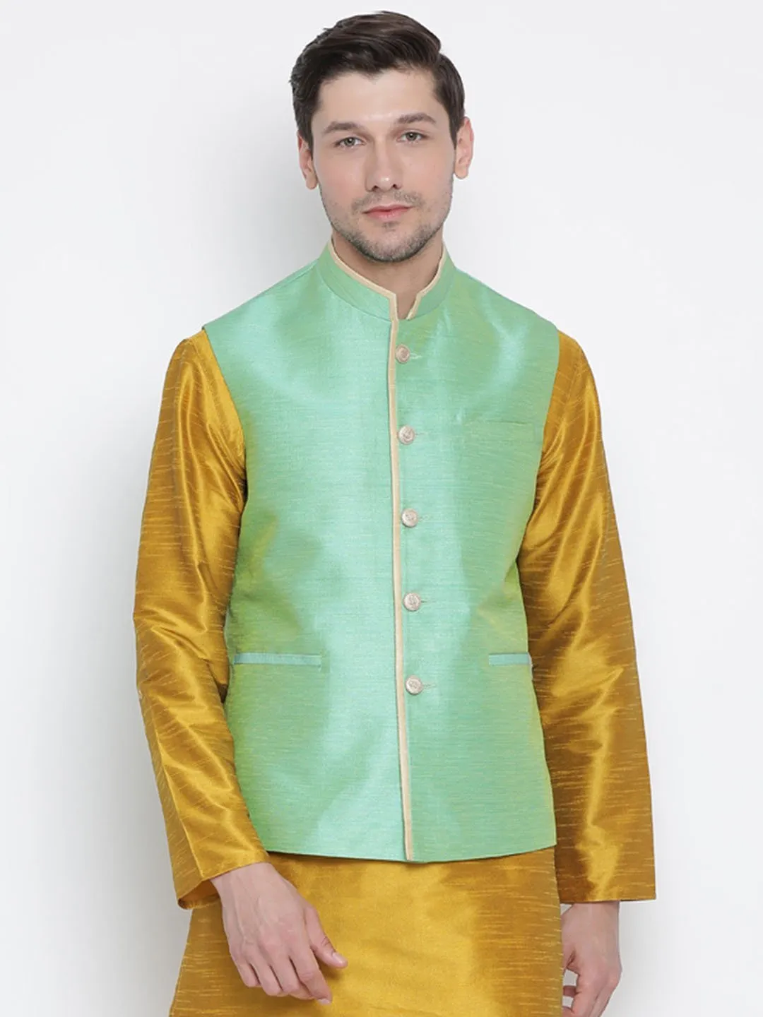 Jashvi Men's Light Green Cotton Silk Blend Nehru Jacket