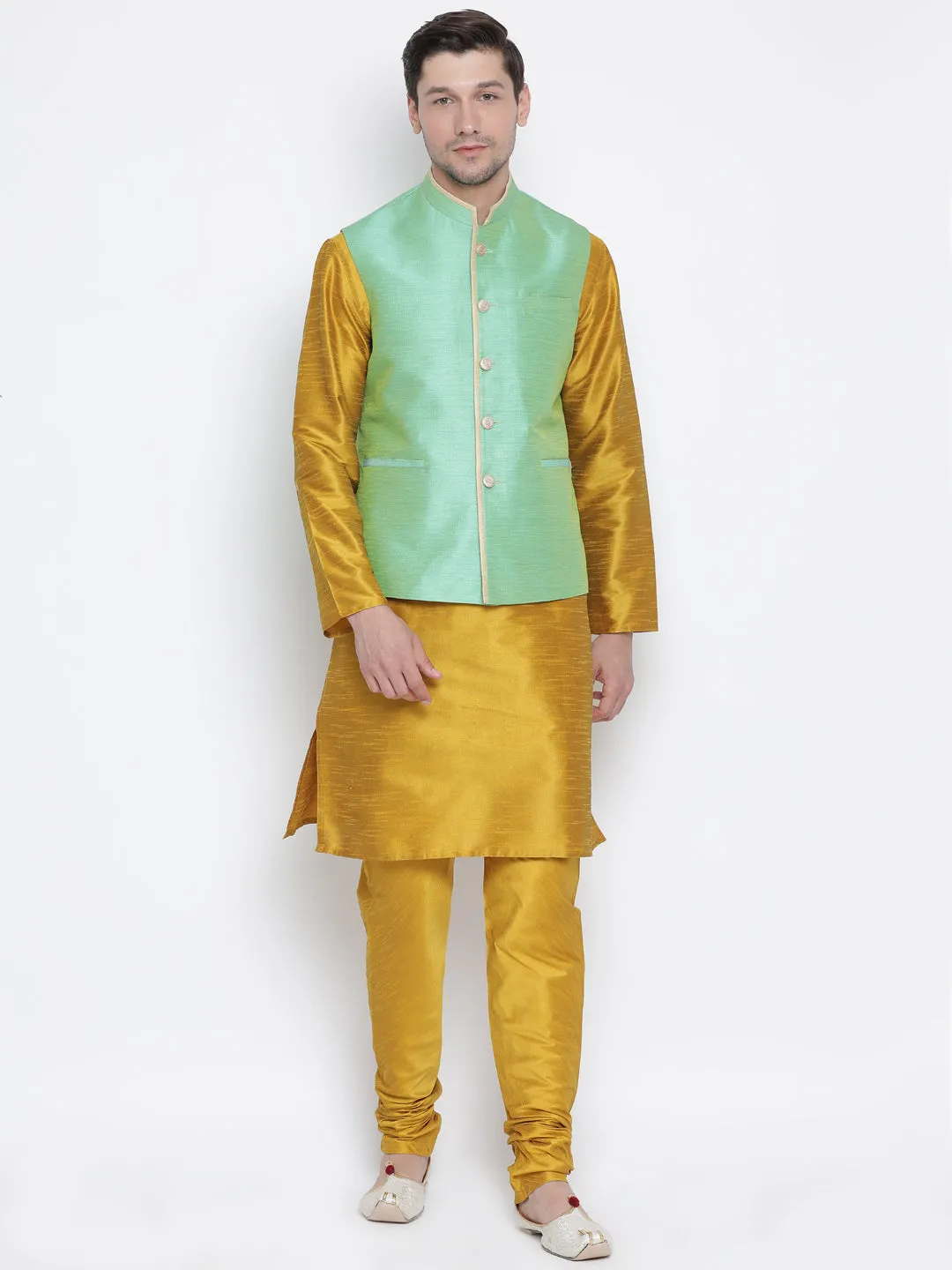 Jashvi Men's Light Green Cotton Silk Blend Nehru Jacket