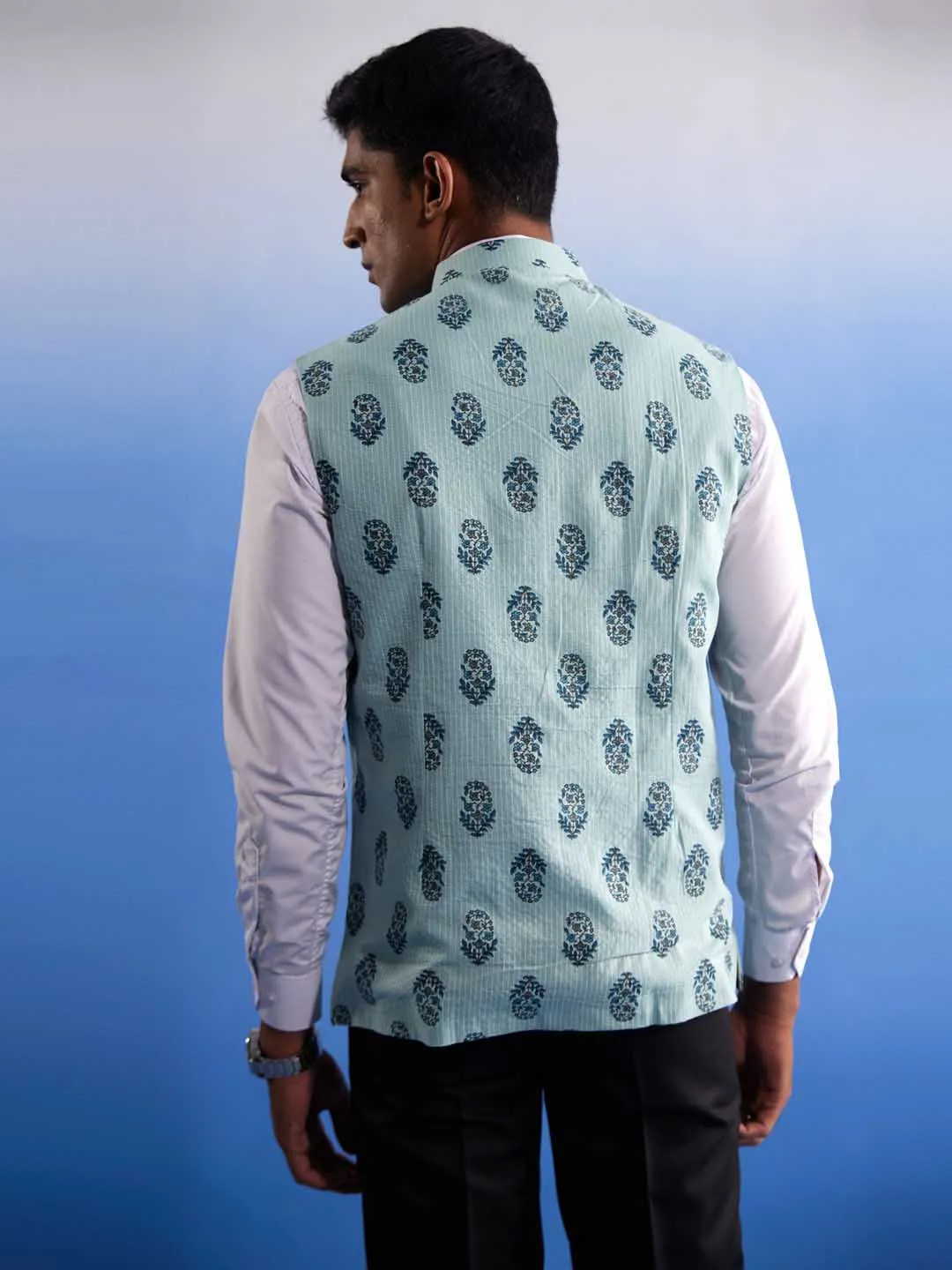 Jashvi Men's Mint Green Ethnic Motif Printed Nehru jacket