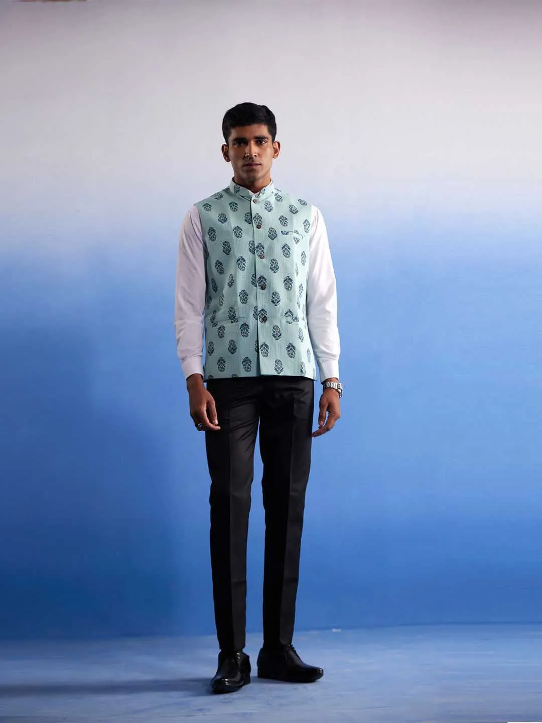 Jashvi Men's Mint Green Ethnic Motif Printed Nehru jacket