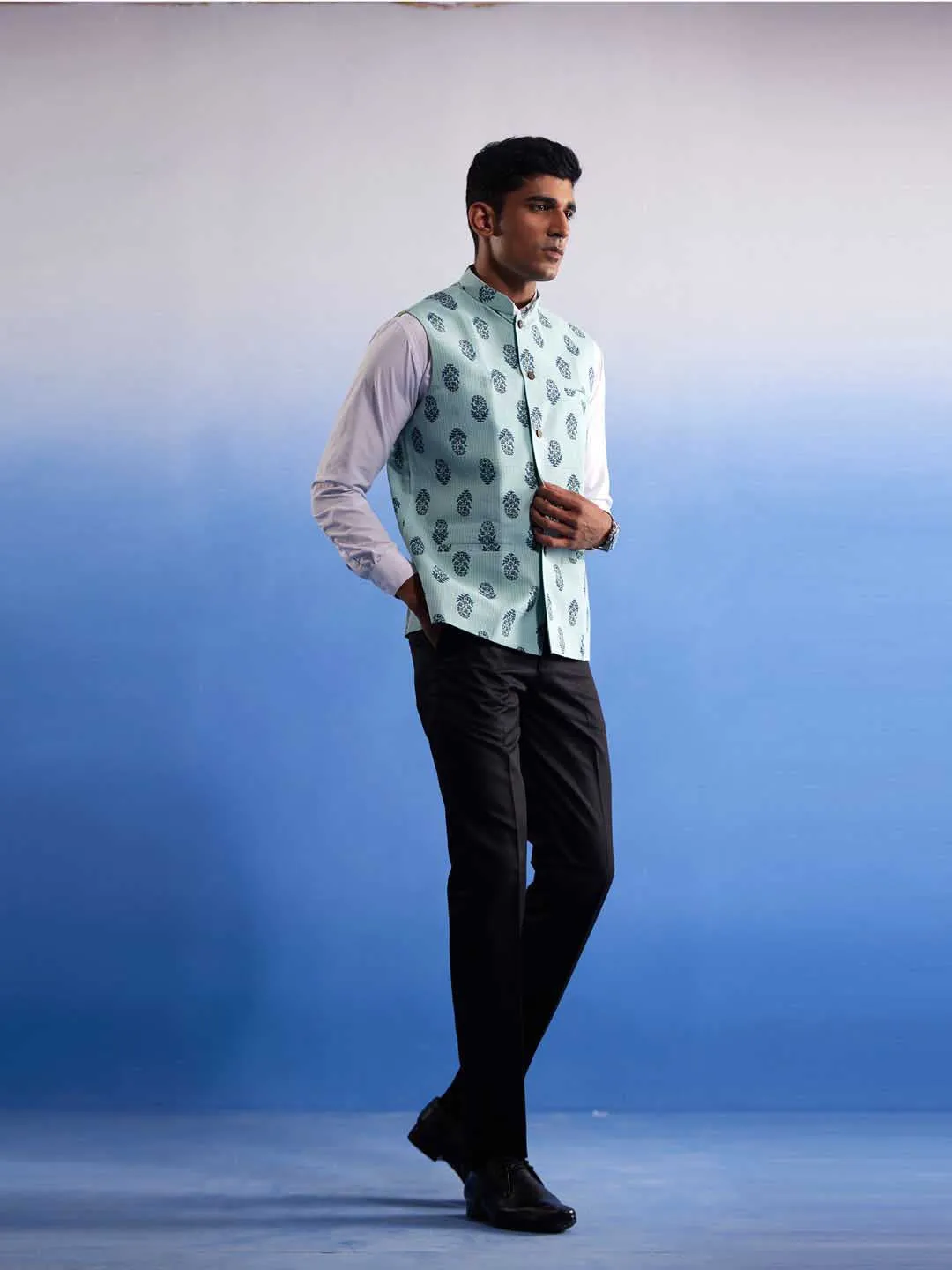 Jashvi Men's Mint Green Ethnic Motif Printed Nehru jacket