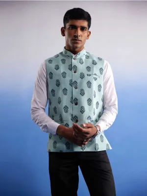 Jashvi Men's Mint Green Ethnic Motif Printed Nehru jacket