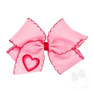 King Heart Embroidered Grosgrain Hair Bow with Moonstitch Edge