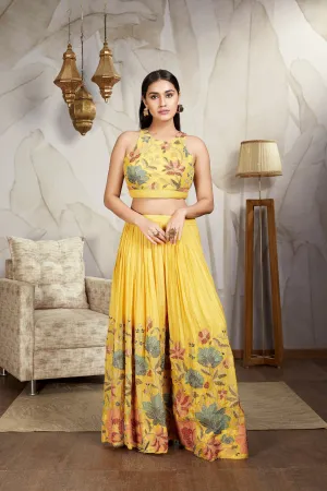 Mustard Yellow Embroidered Chinon Silk Palazzo Set