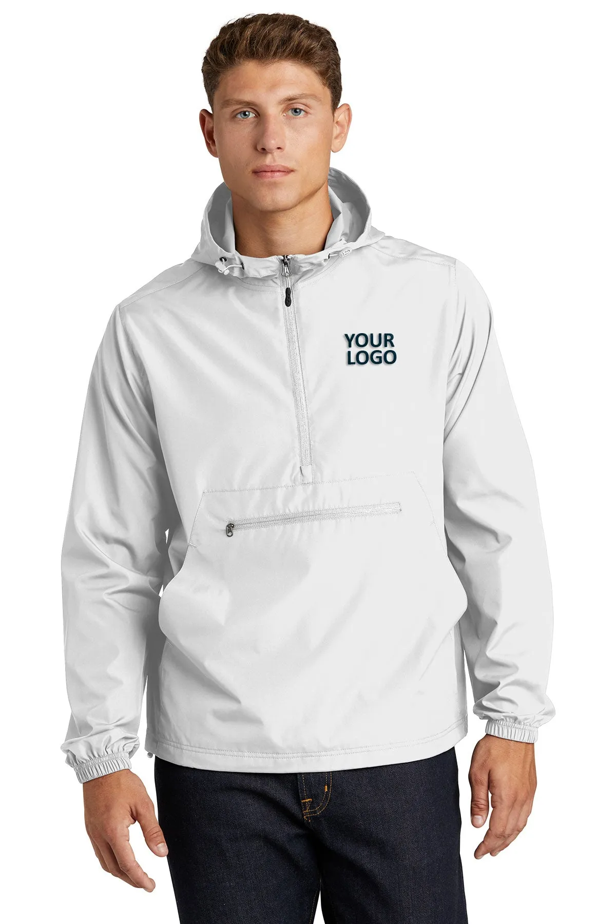 Sport-Tek Packable Custom Anorak Jackets, White