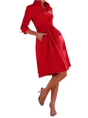 TEEK - Elegant Tie Pocketed Midi Dress Shirt A-line Dress